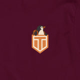 Leaving The Group Double Sided T-Shirt in Maroon, front chest print close-up