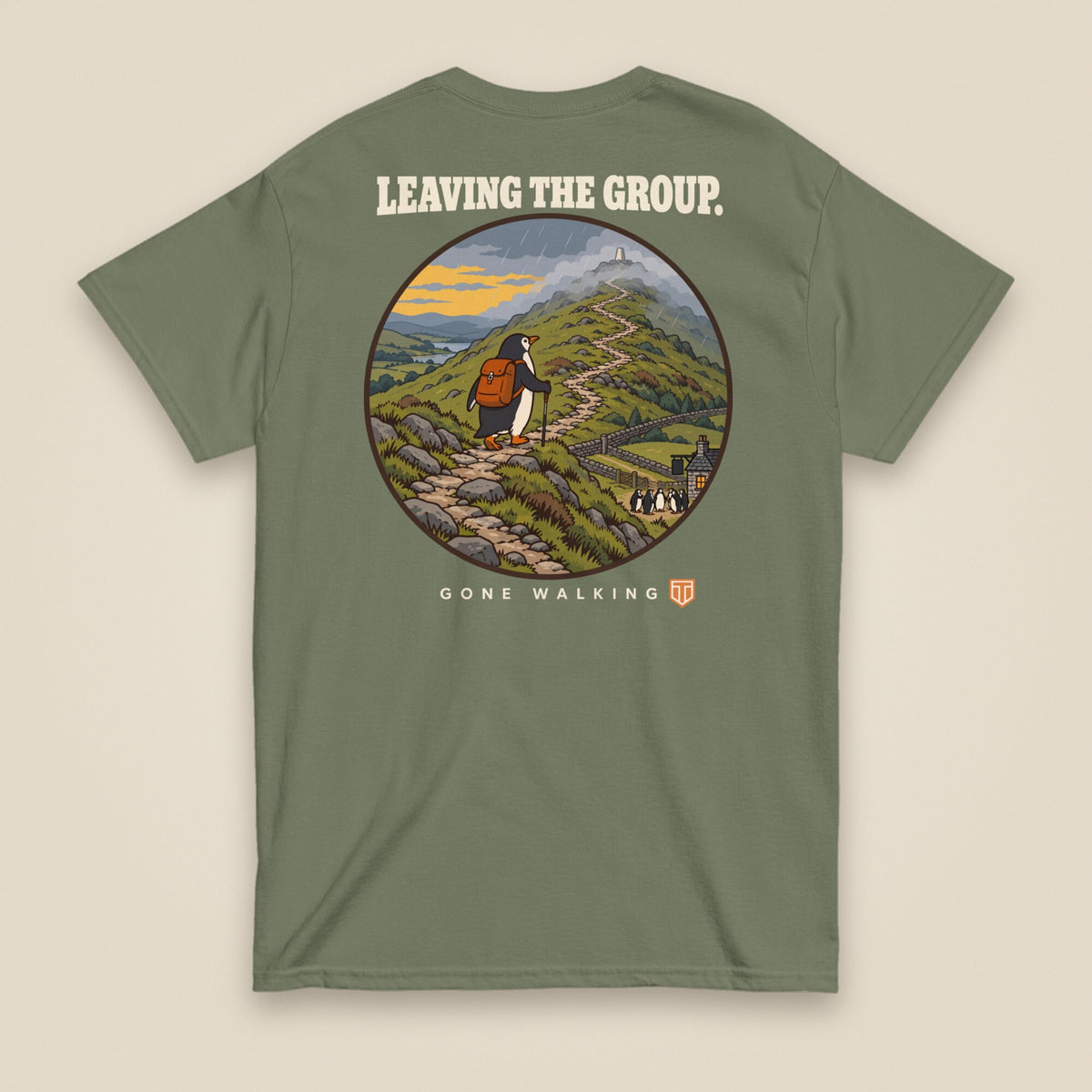 Leaving The Group Double Sided T-Shirt in Military Green, back view