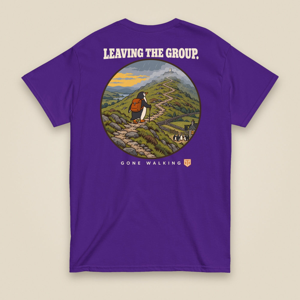 Leaving The Group Double Sided T-Shirt in Purple, back view