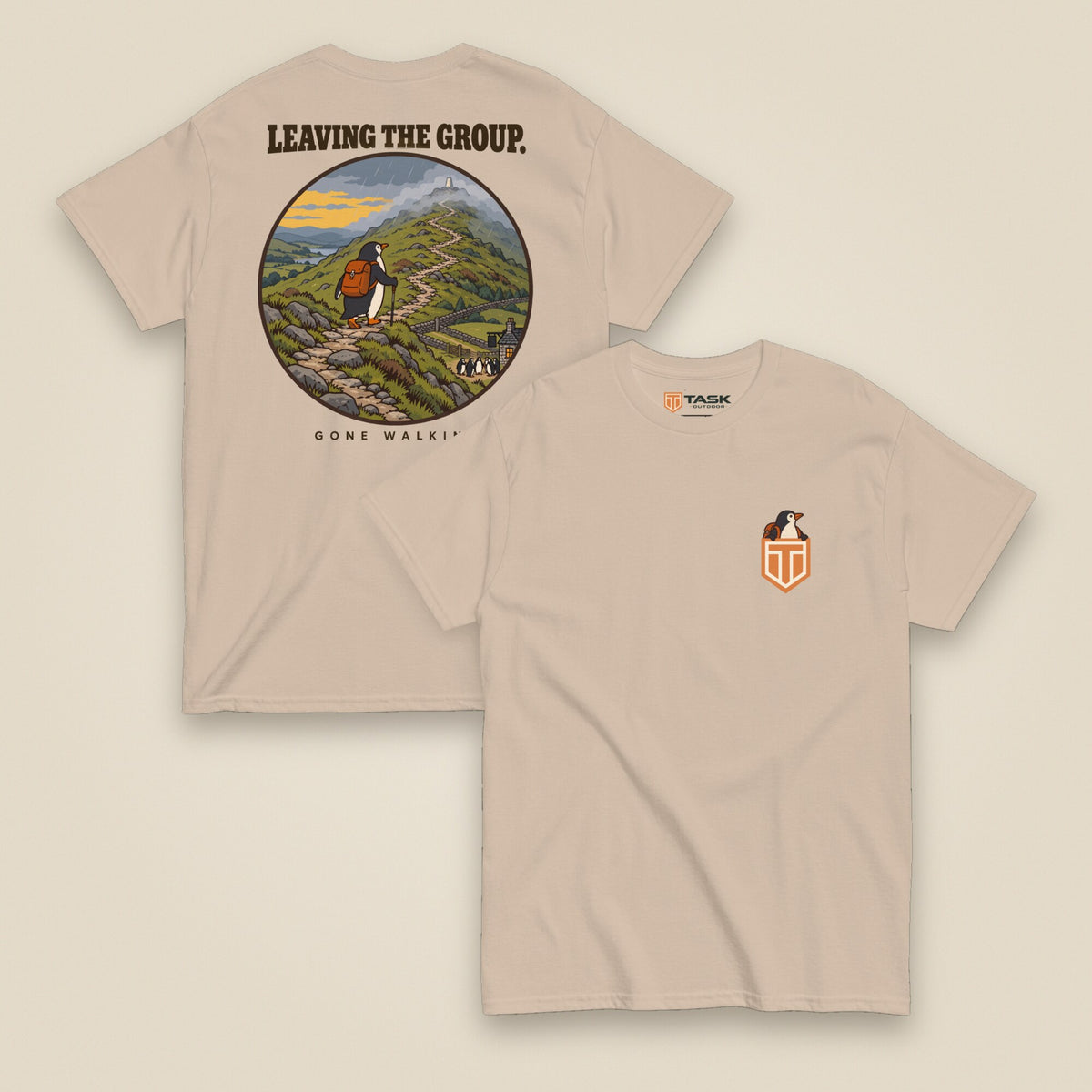 Leaving The Group Double Sided T-Shirt in Sand, front and back view