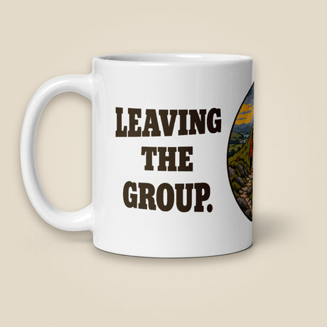 Leaving The Group White Glossy Ceramic Mug in 11 oz, handle on left
