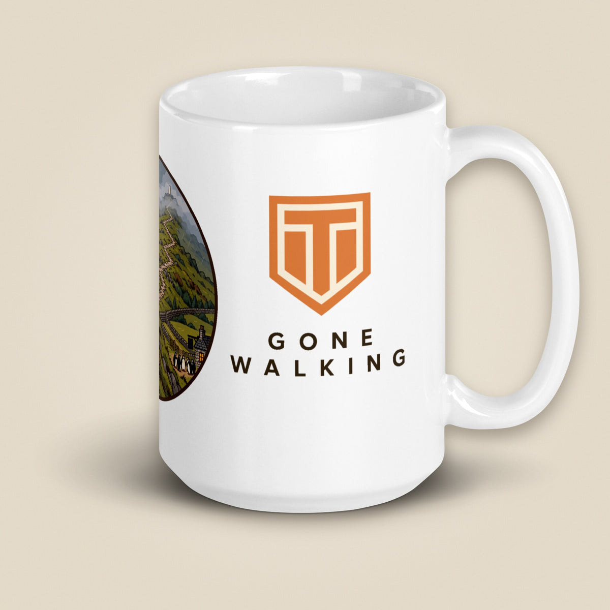Leaving The Group White Glossy Ceramic Mug in 15 oz, handle on right