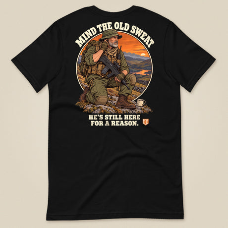 Mind The Old Sweat Men's T-Shirt in Black, laid flat, back view