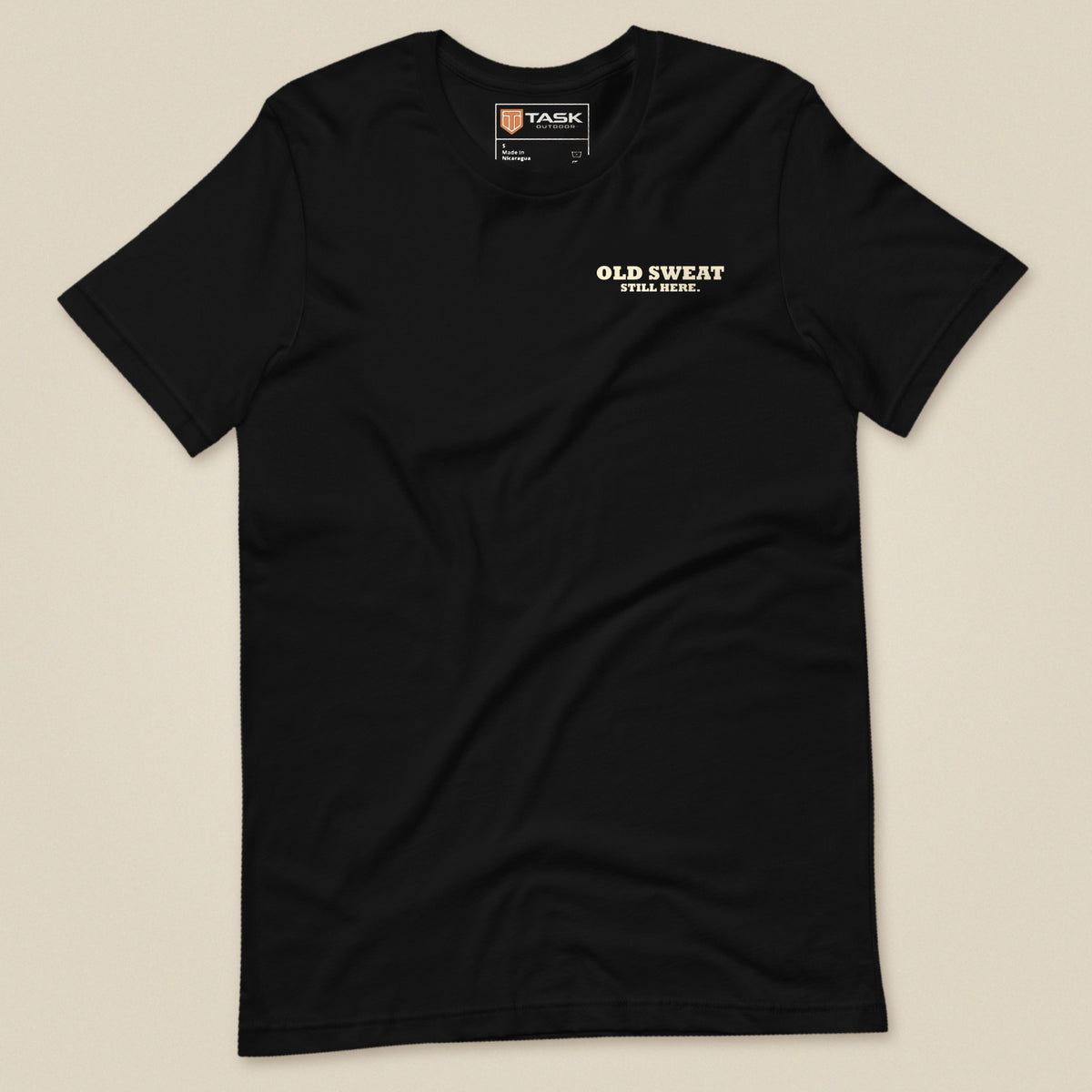 Mind The Old Sweat Men's T-Shirt in Black, laid flat, front view