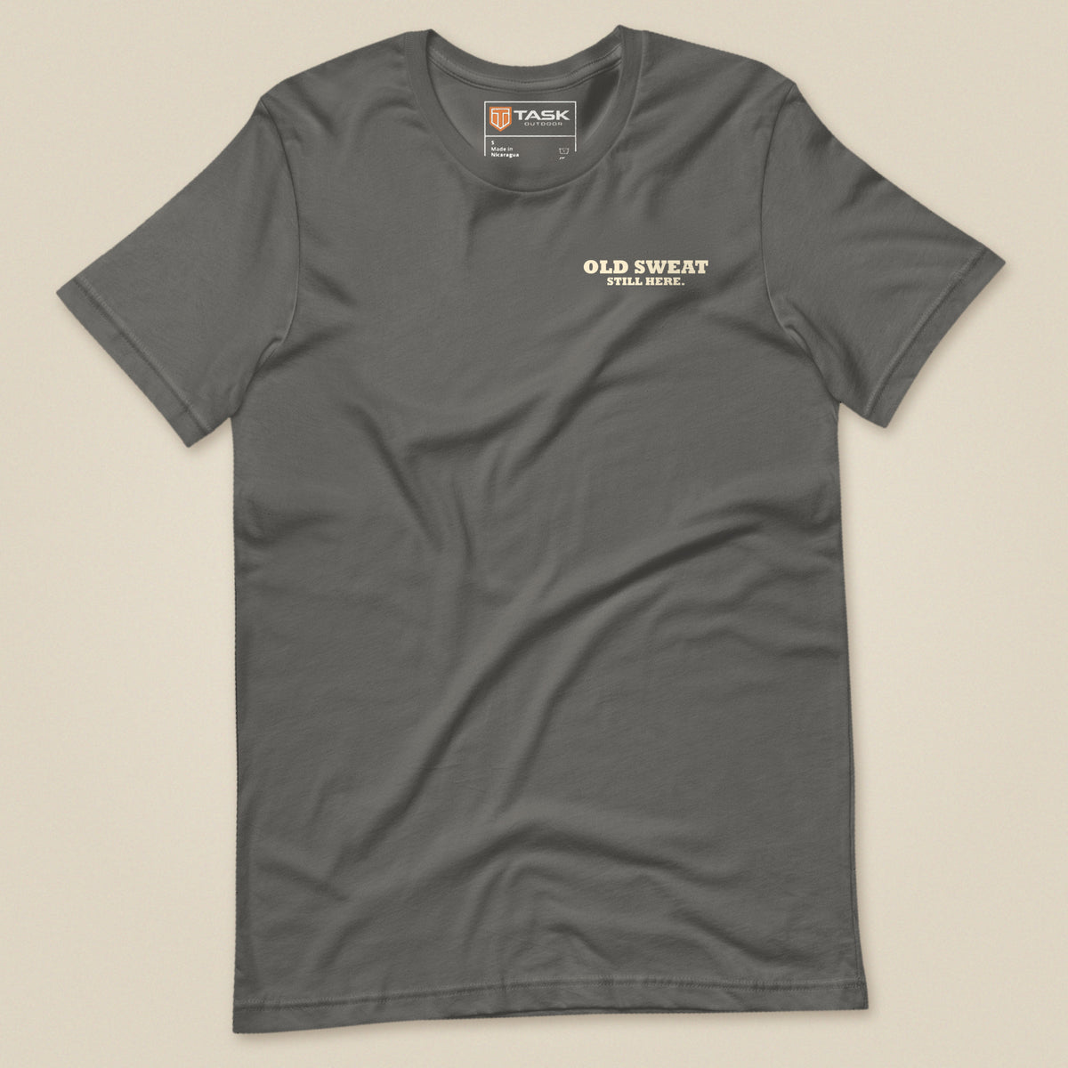 Mind The Old Sweat Men's T-Shirt in Charcoal, laid flat, front view