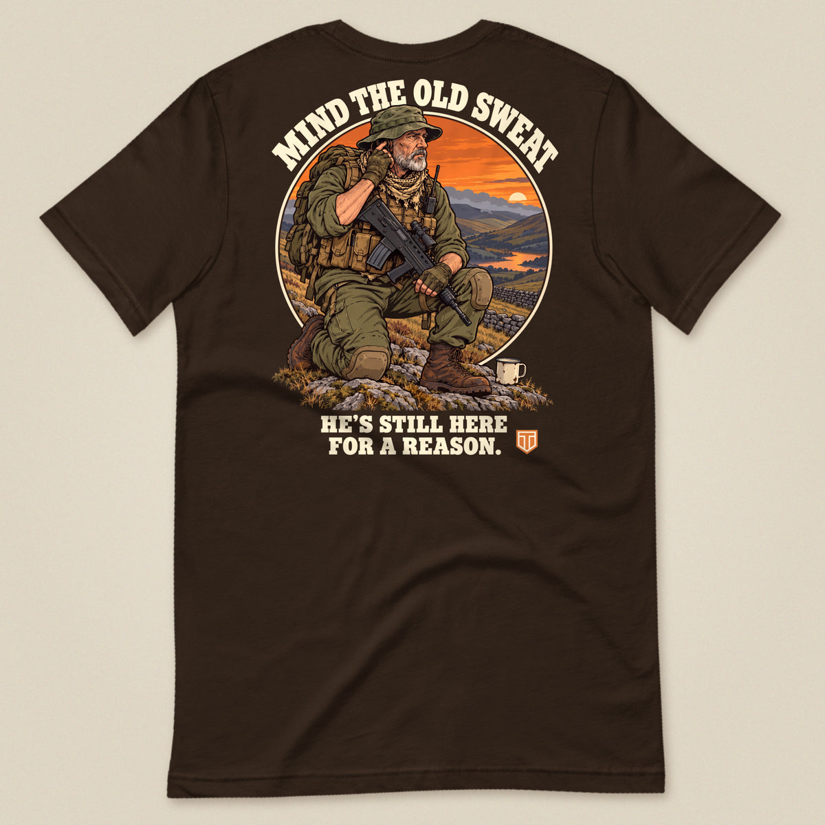 Mind The Old Sweat Men's T-Shirt in Dark Chocolate, laid flat, back view