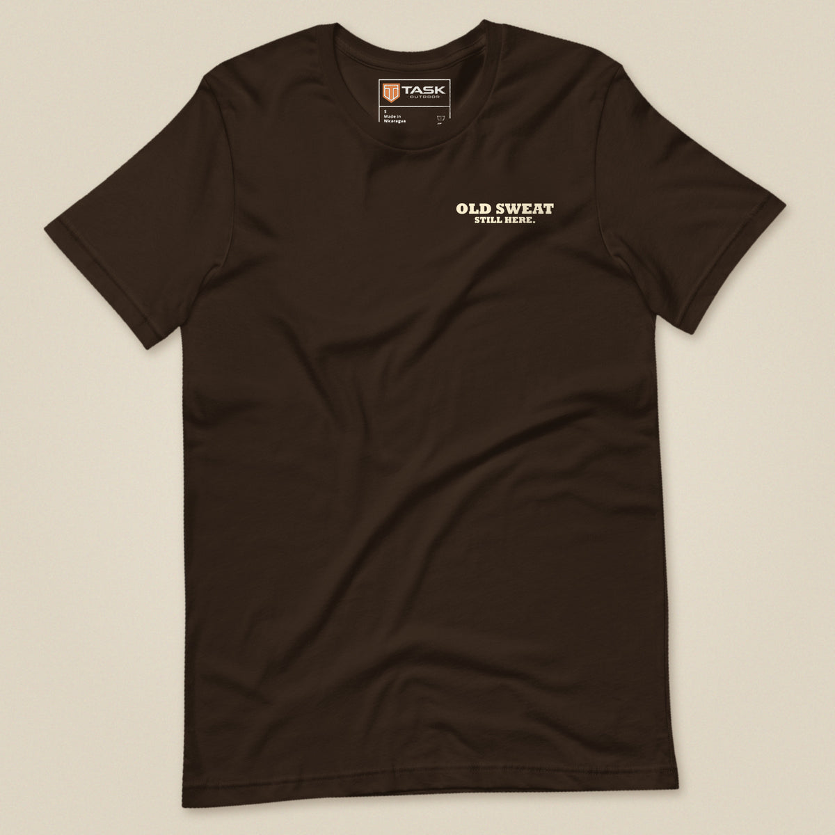 Mind The Old Sweat Men's T-Shirt in Dark Chocolate, laid flat, front view
