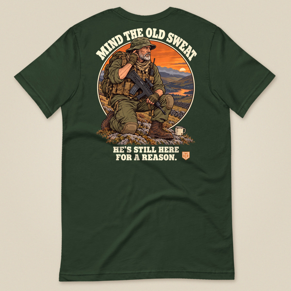 Mind The Old Sweat Men's T-Shirt in Forest Green, laid flat, back view