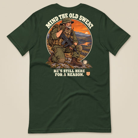 Mind The Old Sweat Men's T-Shirt in Forest Green, laid flat, back view