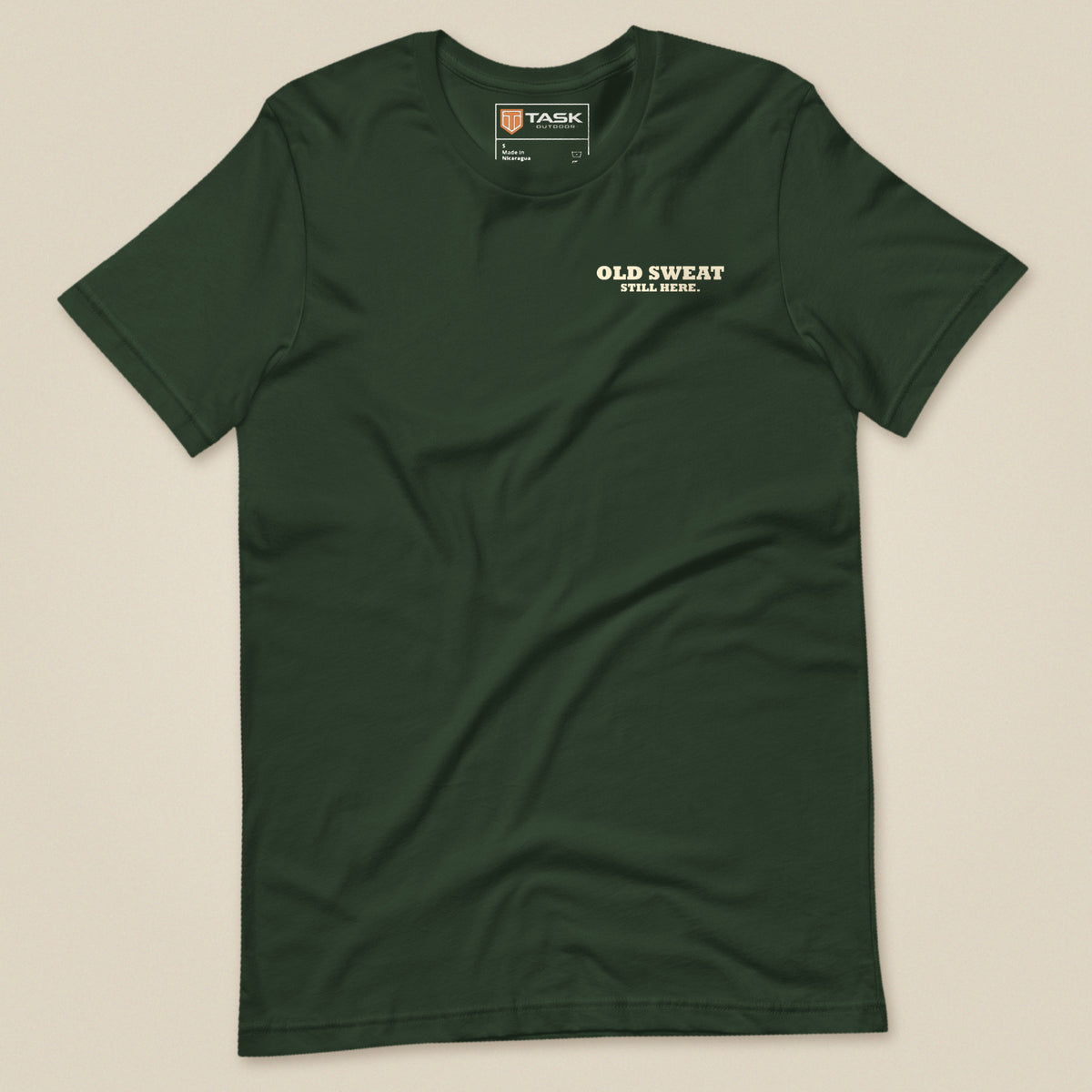 Mind The Old Sweat Men's T-Shirt in Forest Green, laid flat, front view