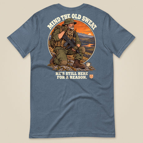 Mind The Old Sweat Men's T-Shirt in Heather Indigo, laid flat, back view