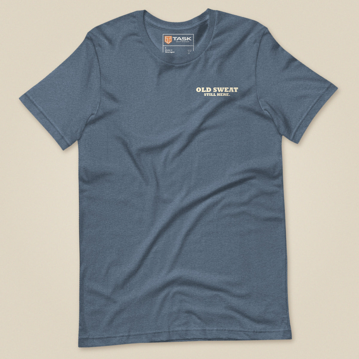 Mind The Old Sweat Men's T-Shirt in Heather Indigo, laid flat, front view