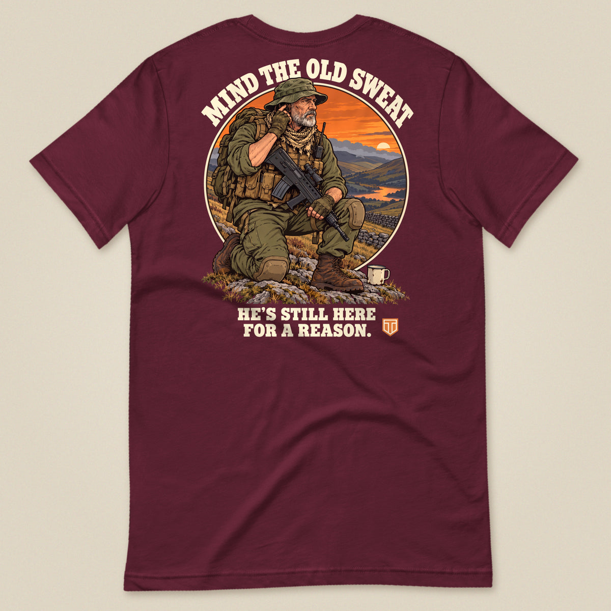 Mind The Old Sweat Men's T-Shirt in Maroon, laid flat, back view