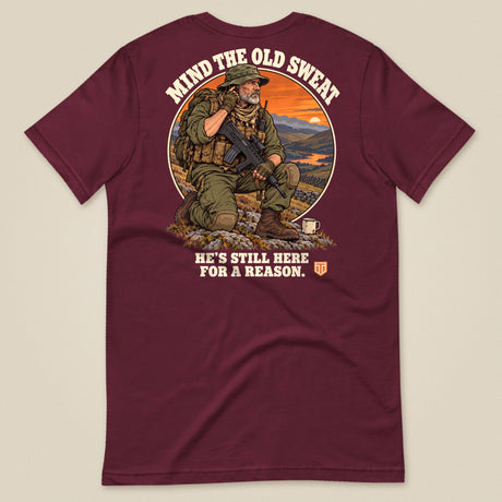 Mind The Old Sweat Men's T-Shirt in Maroon, laid flat, back view