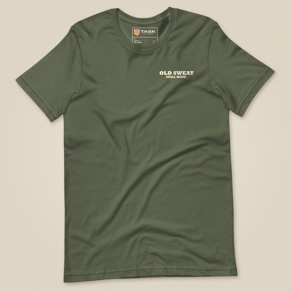 Mind The Old Sweat Men's T-Shirt in Military Green, laid flat, front view