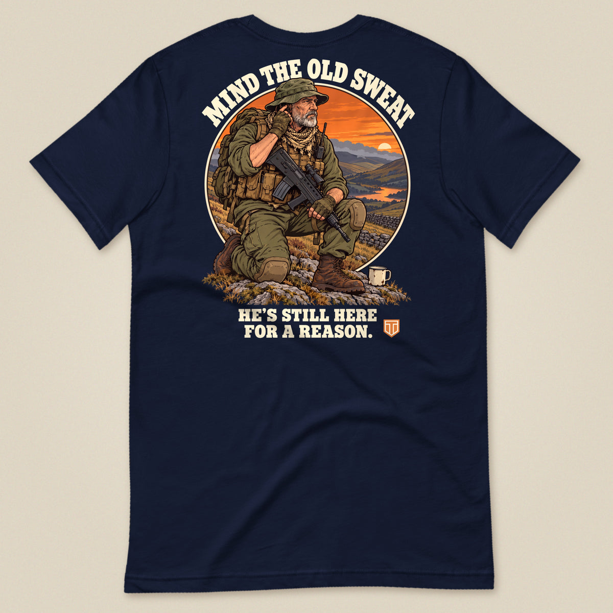Mind The Old Sweat Men's T-Shirt in Navy, laid flat, back view