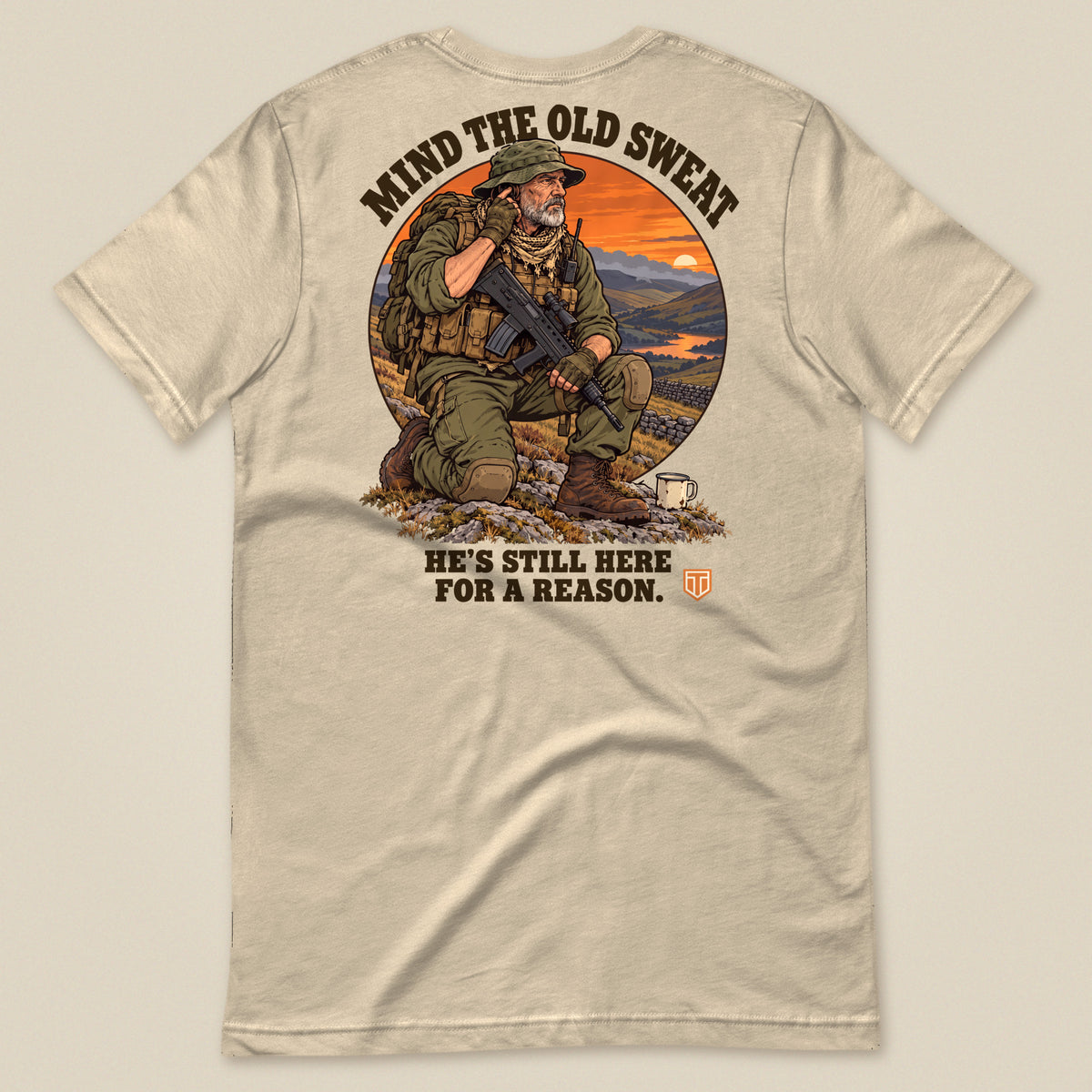 Mind The Old Sweat Men's T-Shirt in Sand, laid flat, back view