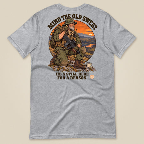 Mind The Old Sweat Men's T-Shirt in Sport Grey, laid flat, back view