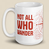 Not All Who Wander White Glossy Ceramic Mug in 15 oz, handle on left