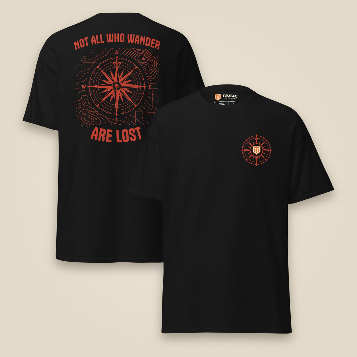 Not All Who Wander Double Sided Unisex T-Shirt in Black, front and back view