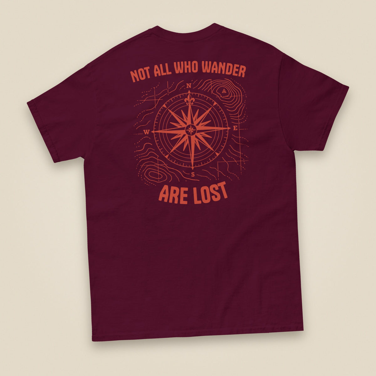 Not All Who Wander Double Sided Unisex T-Shirt in Maroon, back view