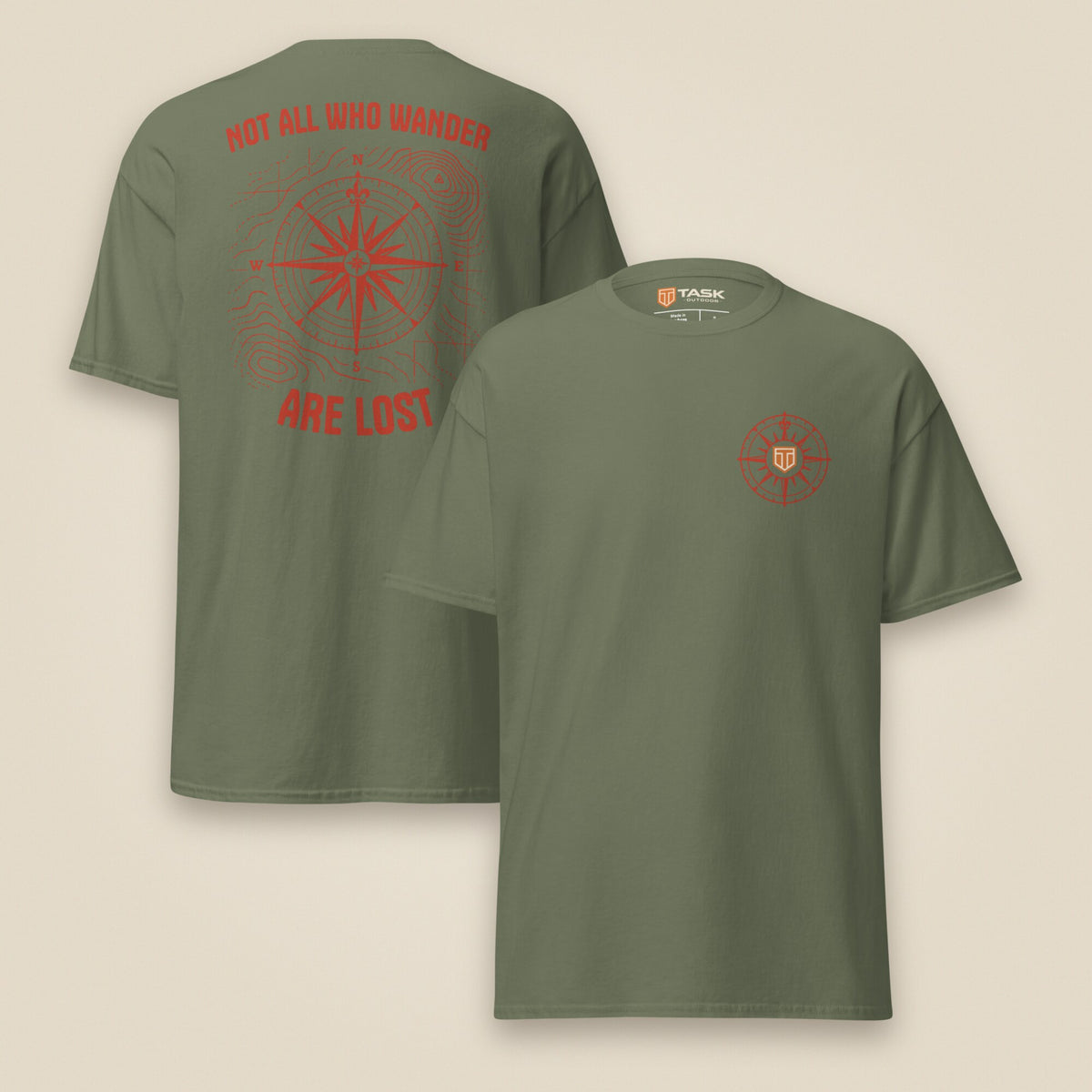 Not All Who Wander Double Sided Unisex T-Shirt in Military Green, front and back view