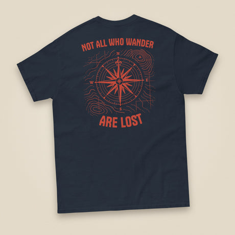 Not All Who Wander Double Sided Unisex T-Shirt in Navy, back view