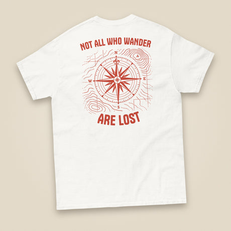Not All Who Wander Double Sided Unisex T-Shirt in White, back view