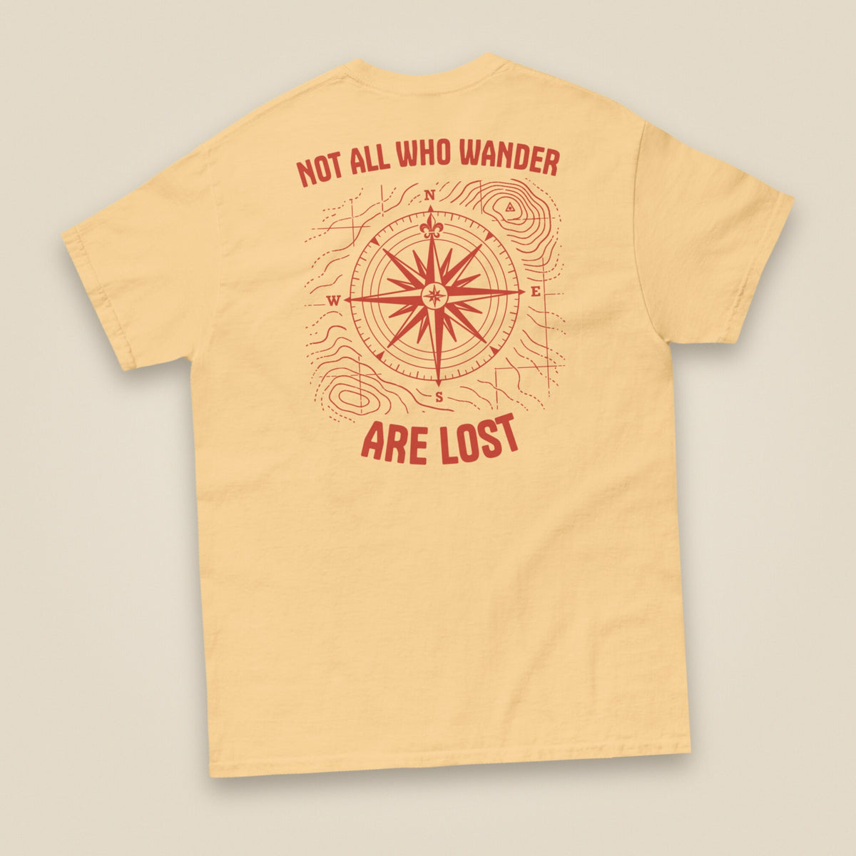 Not All Who Wander Double Sided Unisex T-Shirt in Yellow Haze, back view