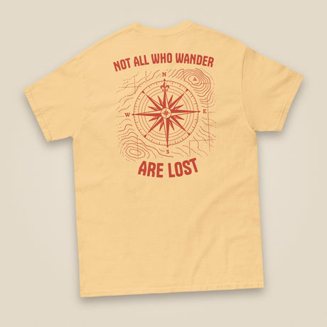 Not All Who Wander Double Sided Unisex T-Shirt in Yellow Haze, back view