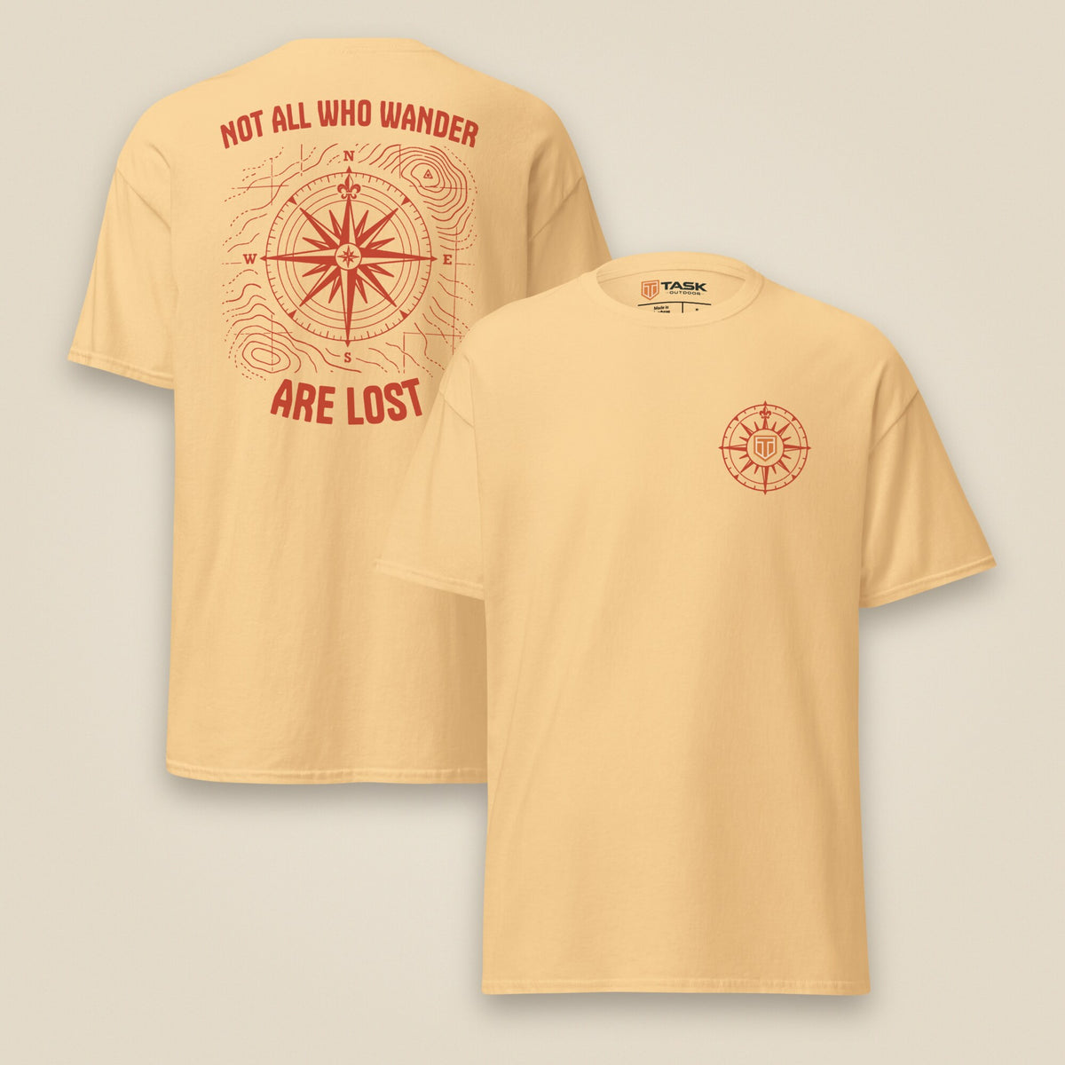 Not All Who Wander Double Sided Unisex T-Shirt in Yellow Haze, front and back view
