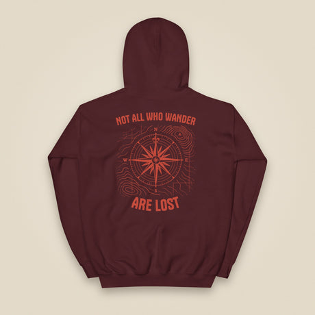 Not All Who Wander Heavy Blend Back Print Hoodie in Maroon, back view