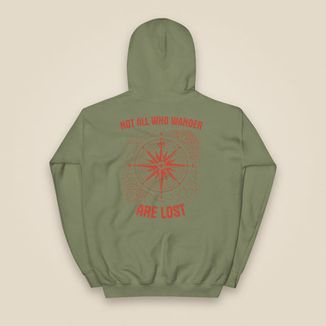 Not All Who Wander Heavy Blend Back Print Hoodie in Military Green, back view
