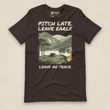 Pitch Late Leave Early T-Shirt in Brown, laid flat, front view