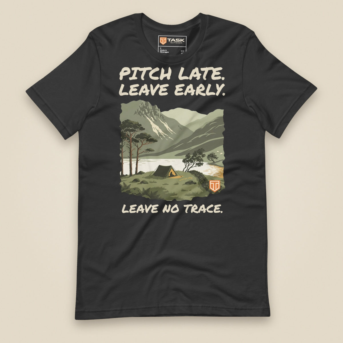 Pitch Late Leave Early T-Shirt in Dark Grey, laid flat, front view