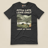 Pitch Late Leave Early T-Shirt in Dark Grey Heather, laid flat, front view