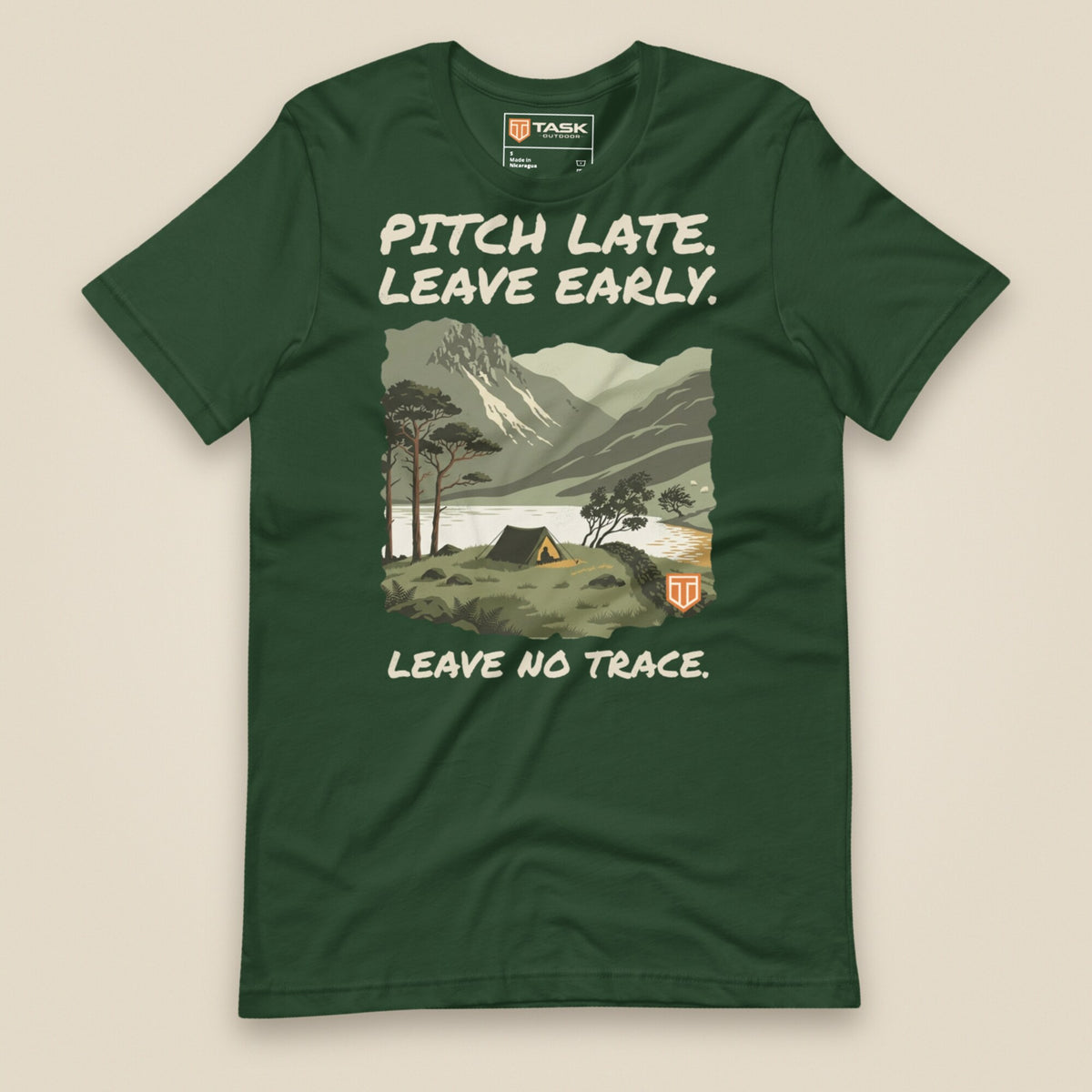 Pitch Late Leave Early T-Shirt in Forest, laid flat, front view