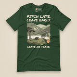 Pitch Late Leave Early T-Shirt in Forest, laid flat, front view