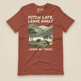 Pitch Late Leave Early T-Shirt in Heather Clay, laid flat, front view