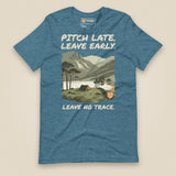 Pitch Late Leave Early T-Shirt in Heather Deep Teal, laid flat, front view