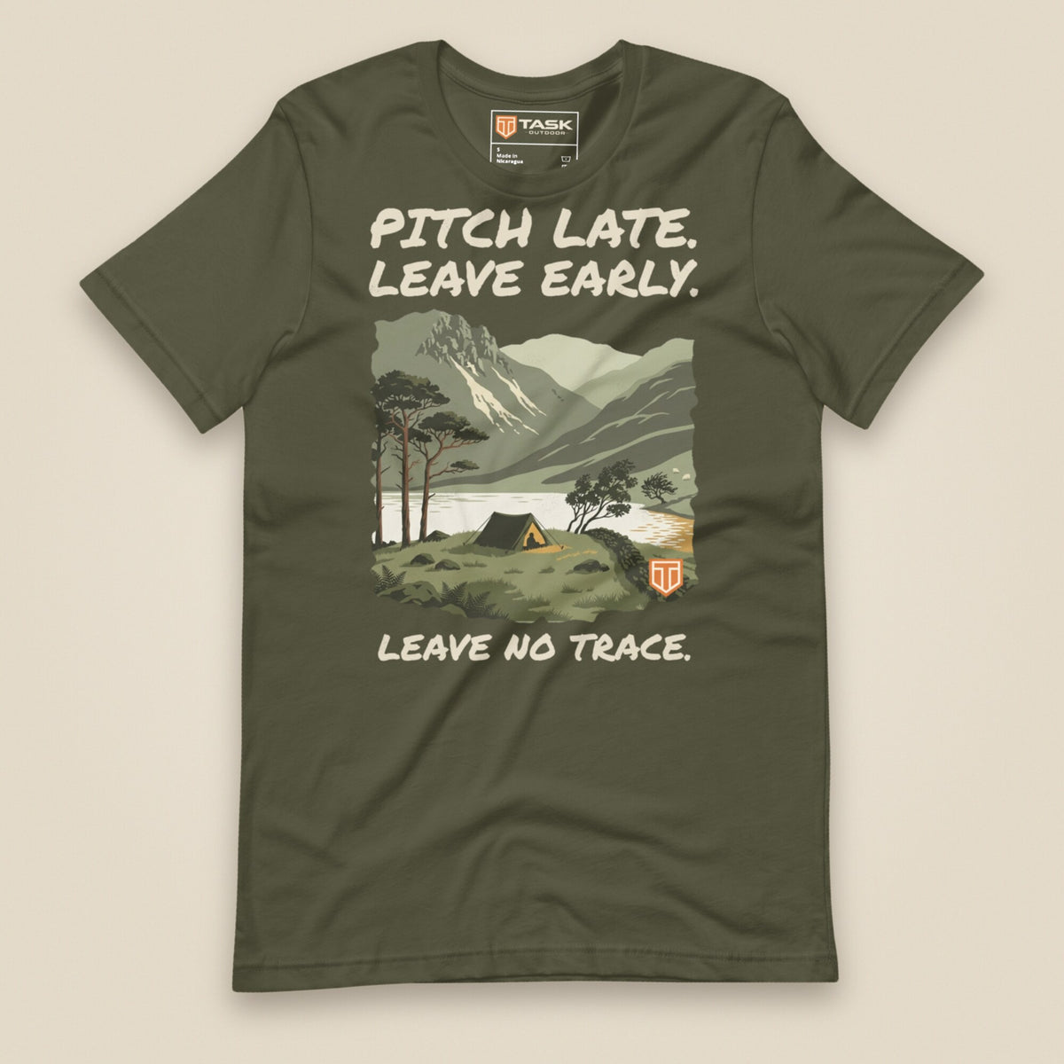 Pitch Late Leave Early T-Shirt in Military Green, laid flat, front view