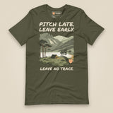 Pitch Late Leave Early T-Shirt in Military Green, laid flat, front view
