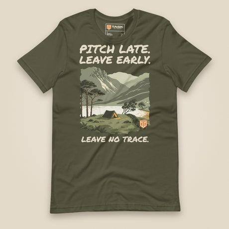 Pitch Late Leave Early T-Shirt in Military Green, laid flat, front view
