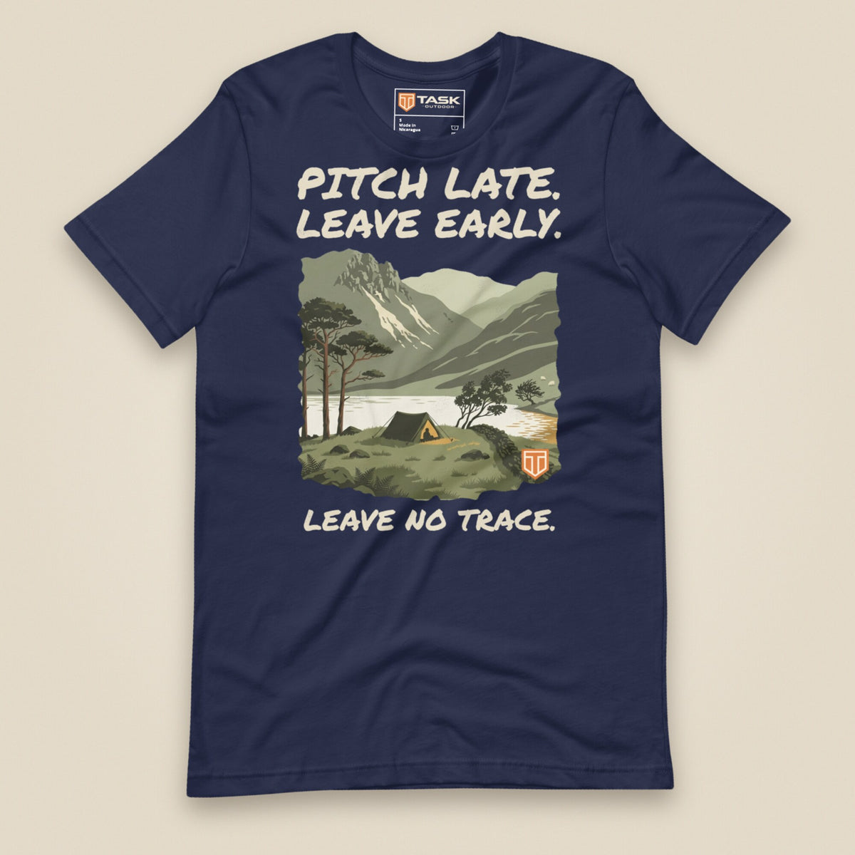 Pitch Late Leave Early T-Shirt in Navy, laid flat, front view