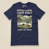 Pitch Late Leave Early T-Shirt in Navy, laid flat, front view