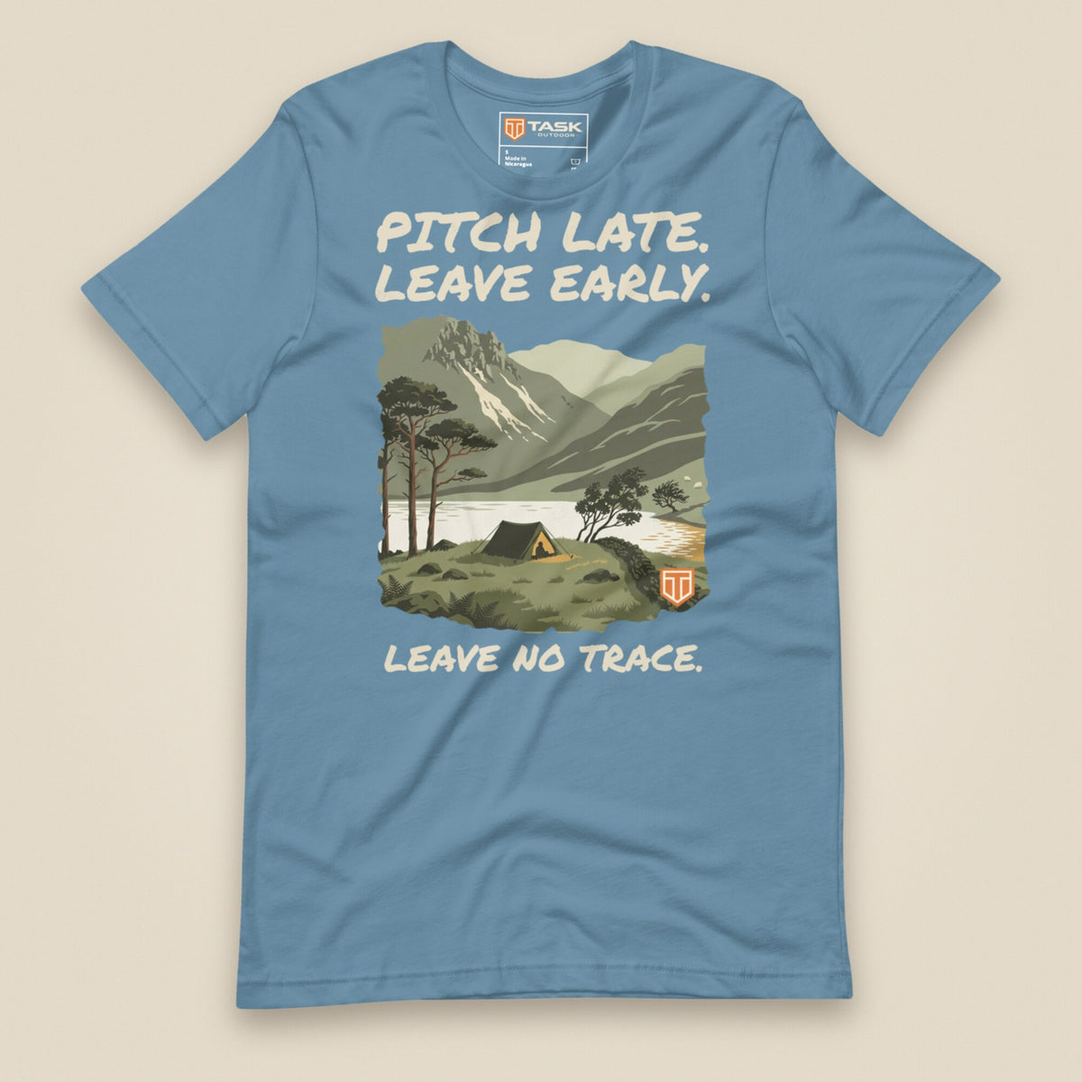Pitch Late Leave Early T-Shirt in Steel Blue, laid flat, front view