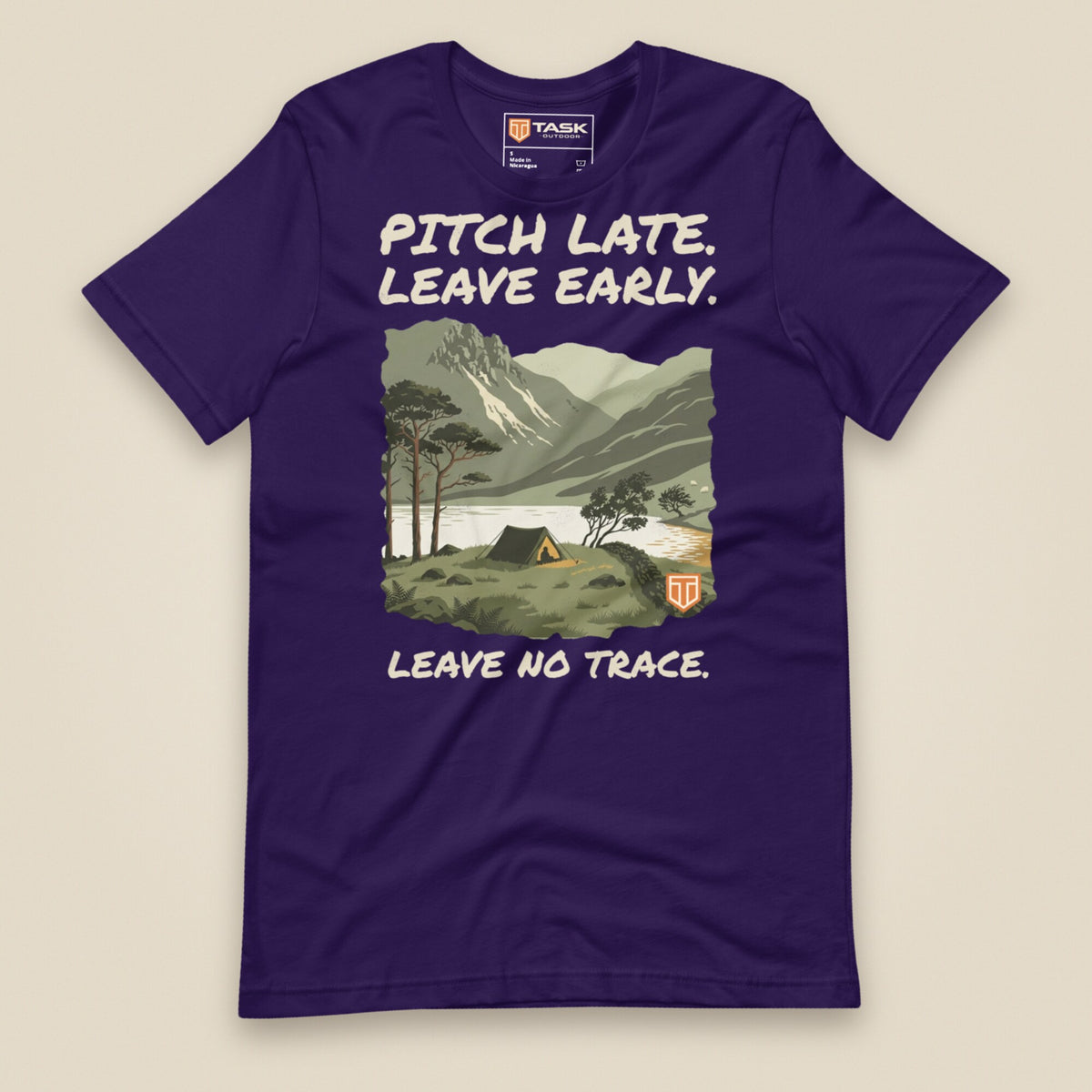 Pitch Late Leave Early T-Shirt in Team Purple, laid flat, front view