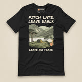 Pitch Late Leave Early T-Shirt in Vintage Black, laid flat, front view