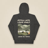 Pitch Late. Leave Early. Leave No Trace. Unisex Hoodie in Charcoal Heather, back view