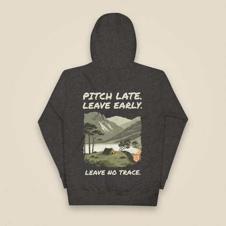 Pitch Late. Leave Early. Leave No Trace. Unisex Hoodie in Charcoal Heather, back view
